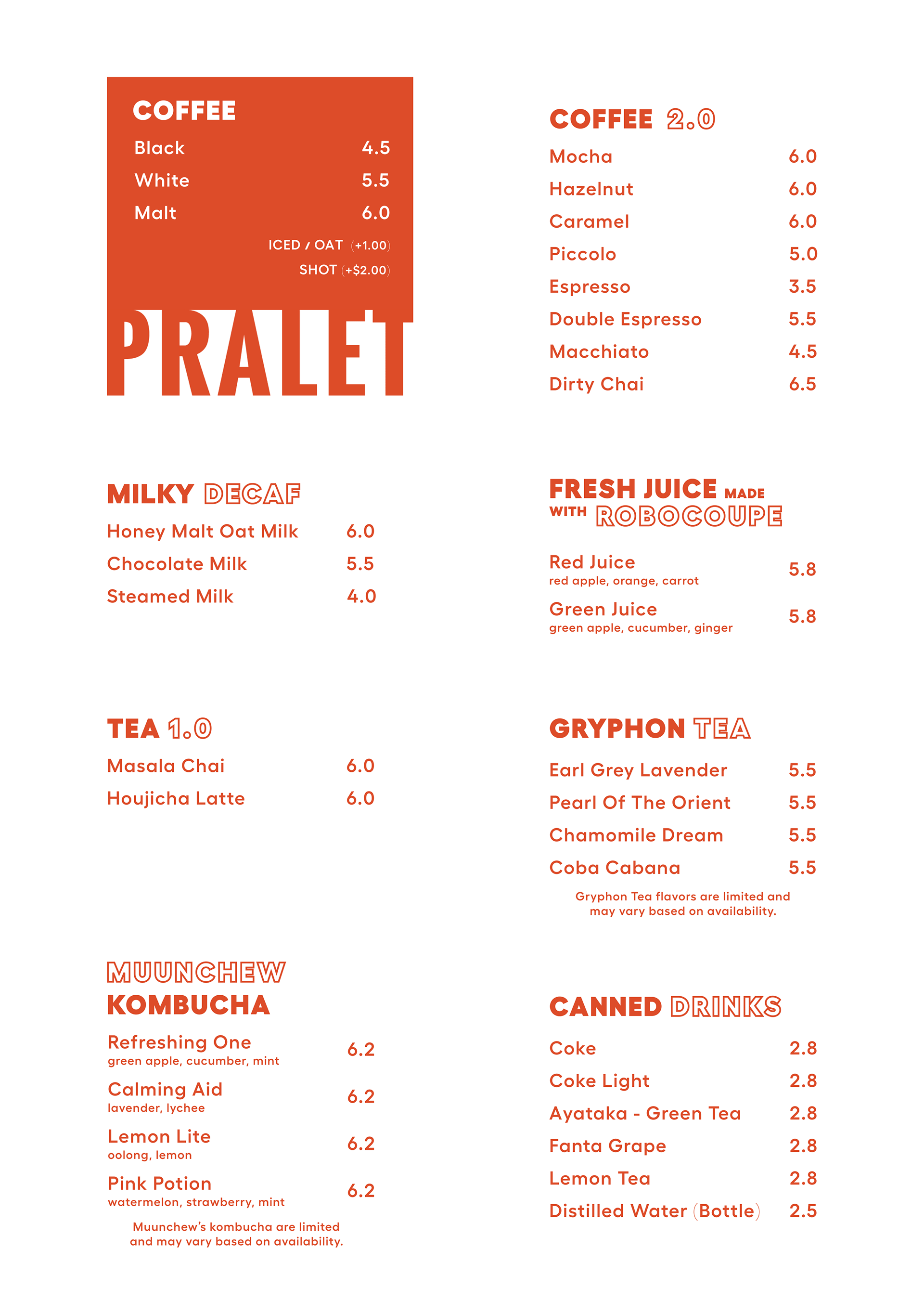 Pralet drinks menu